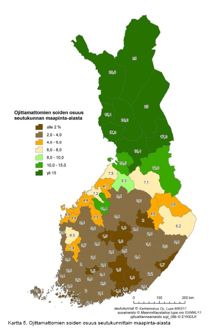 Pohjanmaan piirin alueen suot: Ojittamattomia soita on alueella keskimäärin 2-6% maa-alasta. Tilanne on heikoin Etelä- Pohjanmaalla.