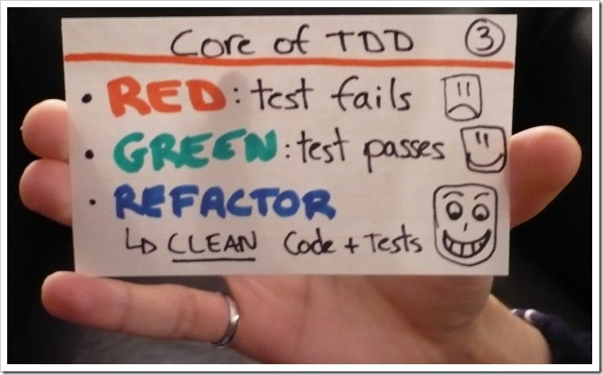 (1) tehdään yksi testitapaus TDD-sykli testitapaus testaa ainoastaan yhden pienen asian (2) Tehdään koodi joka läpäisee testitapauksen (3) refaktoroidaan