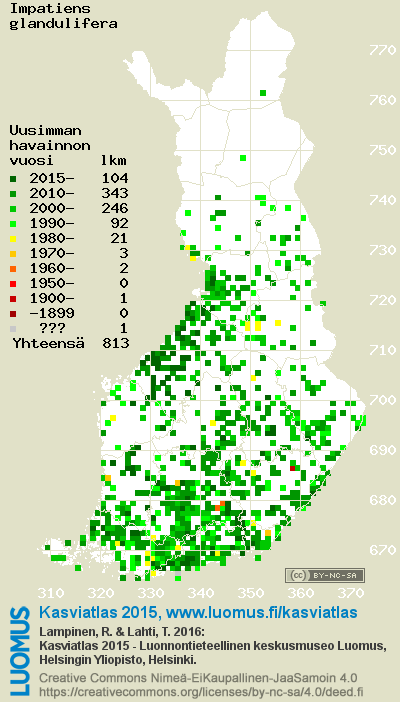 Jättipalsamin levinneisyysalue vuonna 2005 (Lampinen & Lahti