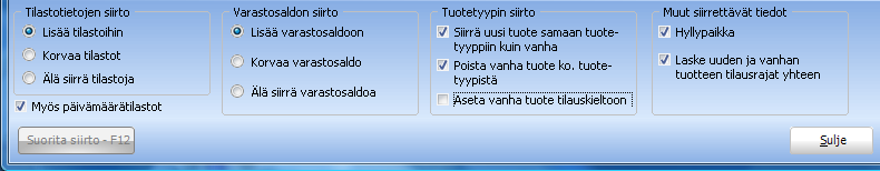 Esimerkkirivit näyttävät oikeaa tietoa, jos tuotekortistosta löytyvät kyseiset tuotteet. Oletusvalintojen pitäisi olla kuvan mukaisia.