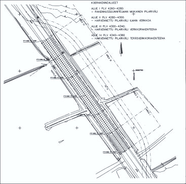 Geovahvisteiden toiminta harvennetun syvästabiloinnin varaisessa tiepenkereessä KOHTEEN KUVAUS 11 1.4 Koekohteen rakenteet Koerakennealue on jaettu neljään alueeseen (kuva 3).