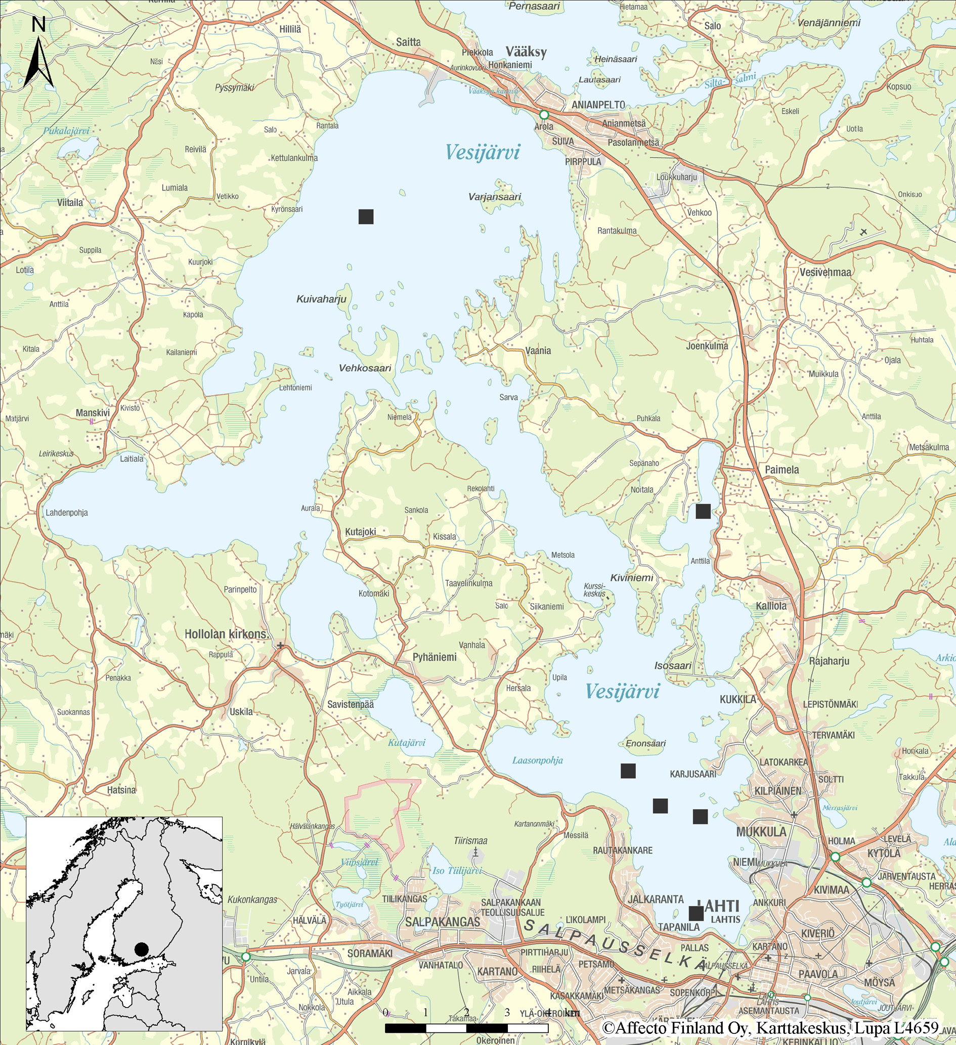 Kuva 4. Järvien vedenlaatupalvelu -hankkeen pilottialue, Lahden Vesijärvi. Järven eteläisin, Lahden kaupungin ympäröivä alue on nimeltään Enonselkä ja pohjoisin, Vääksyyn ulottuva alue Kajaanselkä.