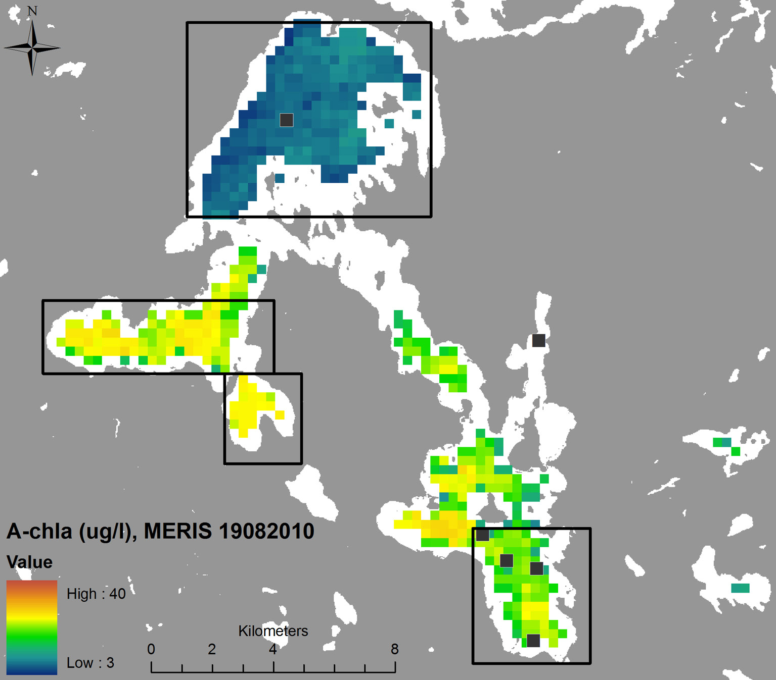 Kuva 7. Klorofylli a pitoisuuden tulkinta 19.8.2010 Envisat/MERIS-satelliittikuvasta Lahden Vesijärvelle. Harmaat alueet ovat maata ja valkoisilta alueita ei saatu käyttökelpoista tietoa.