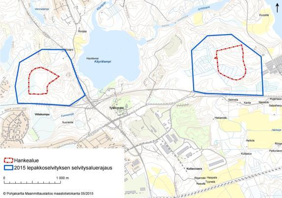 110 Kouvolan kaupunki, puhtaiden ylijäämämaiden läjitysalueen YVA-selostus Hankealueiden varsinaisessa lepakkokartoituksessa kummallakin hankealueella käytiin kolme kertaa kesän 2015 aikana (kesä-,