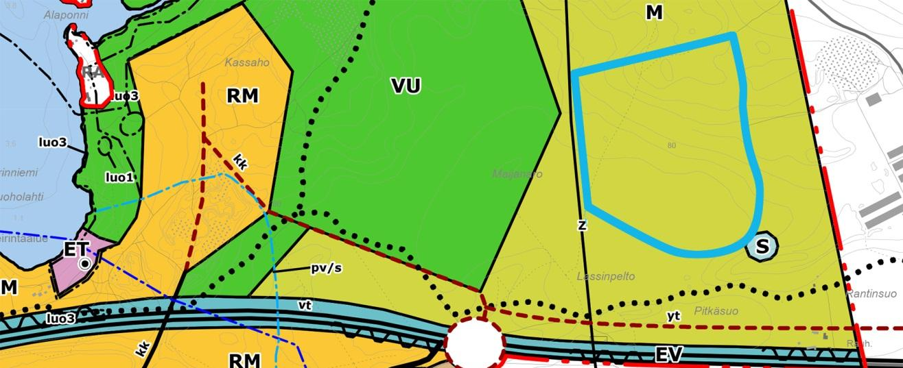 42 Kouvolan kaupunki, puhtaiden ylijäämämaiden läjitysalueen YVA-selostus Kuva 19. Ote Maijanaron hankealueen (sininen rajaus) kohdalta Saarenmaa Tykkimäki osayleiskaavasta.