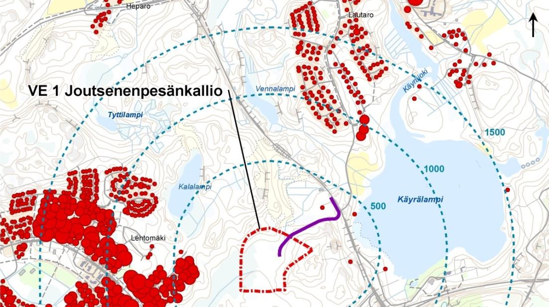 48 Kouvolan kaupunki, puhtaiden ylijäämämaiden läjitysalueen YVA-selostus Kuva 22. Joutsenenpesänkallion hankealueen sijainti suhteessa asutukseen.