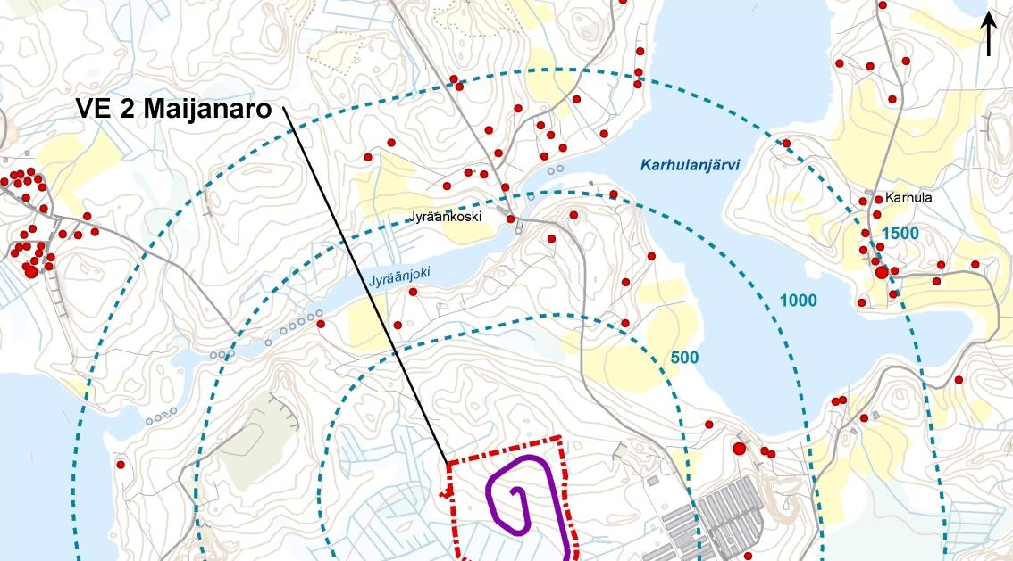 50 Kouvolan kaupunki, puhtaiden ylijäämämaiden läjitysalueen YVA-selostus Kuva 24. Maijanaron hankealueen sijainti suhteessa asutukseen.