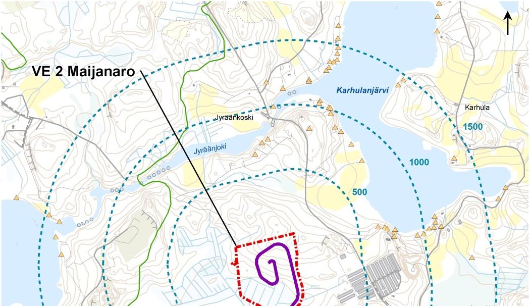 Kouvolan kaupunki, puhtaiden ylijäämämaiden läjitysalueen YVA-selostus 51 Kuva 25. Maijanaron hankealueen sijainti suhteessa ns. herkkiin kohteisiin. 7.