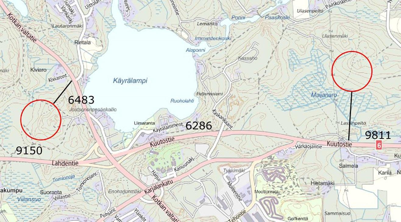 56 Kouvolan kaupunki, puhtaiden ylijäämämaiden läjitysalueen YVA-selostus Kuva 28. Pääteiden liikennemäärät hankealueiden läheisyydessä vuonna 2014.