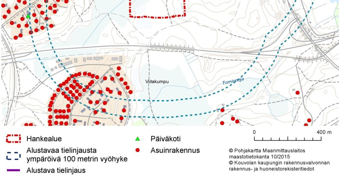 Havaittavien pölypäästöjen 500 metrin etäisyysalue kattaa osan Viitakummun ja Lehtomäen asuinalueesta sekä Käyrälammen rannalla olevia pientalotontteja.