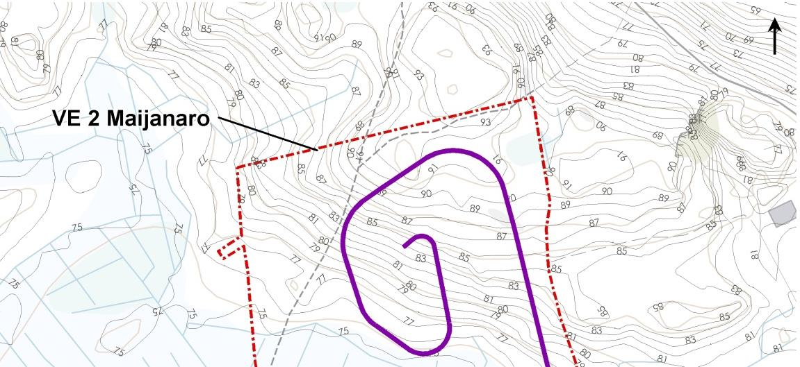 Kouvolan kaupunki, puhtaiden ylijäämämaiden läjitysalueen YVA-selostus 79 Kuva 39. Maijanaron hankealue (VE 2) ja maaston korkeuskäyrät. 12.