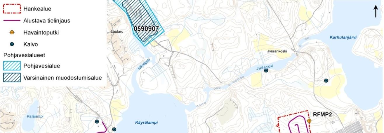 Kouvolan kaupunki, puhtaiden ylijäämämaiden läjitysalueen YVA-selostus 83 Hankealueilta ei ole suoraa pohjaveden virtausyhteyttä millekään näistä pohjavesialueista eikä hankealueiden läheisyydessä