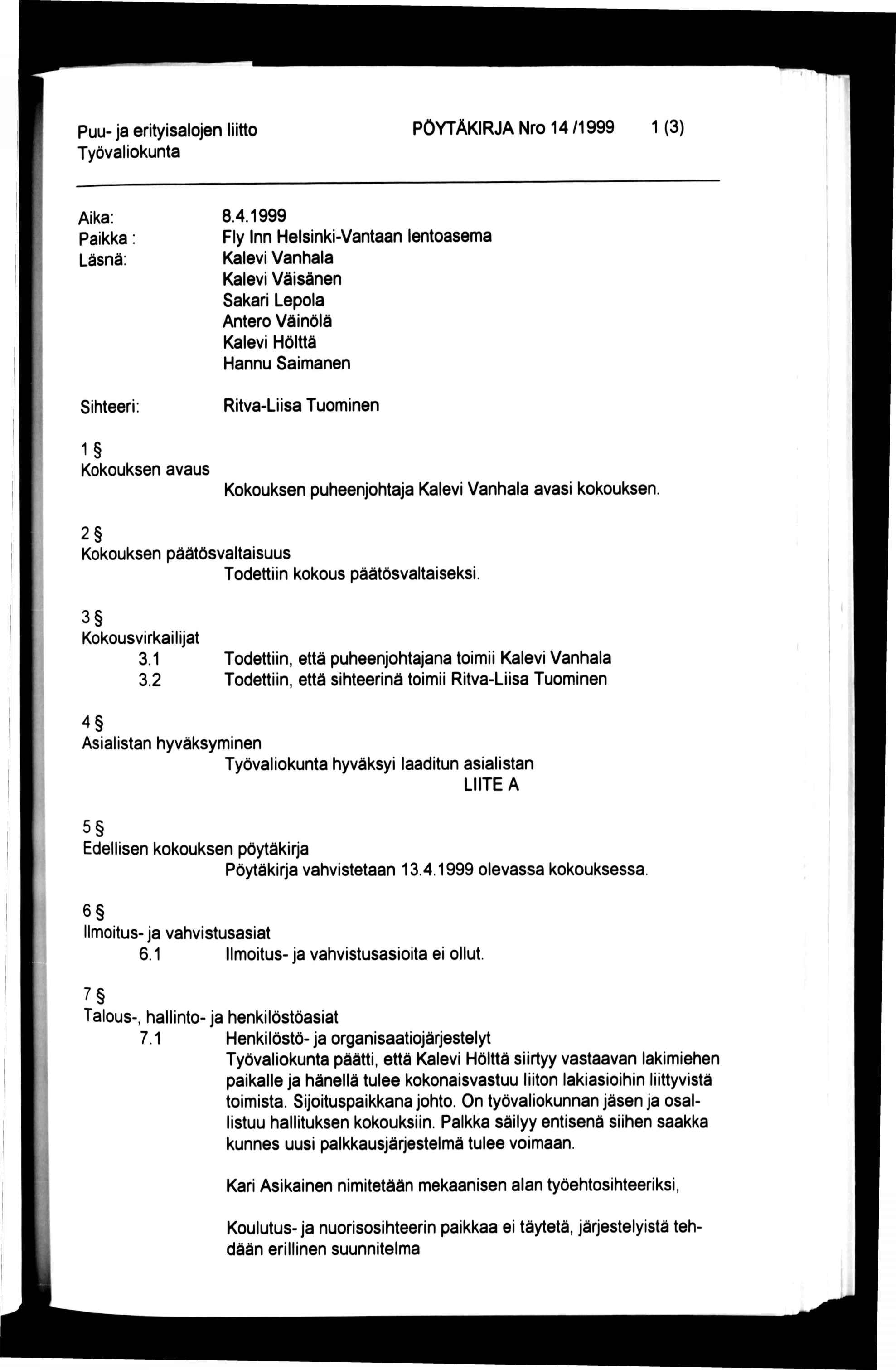 PÖYTÄKIRJA Nro 14 
