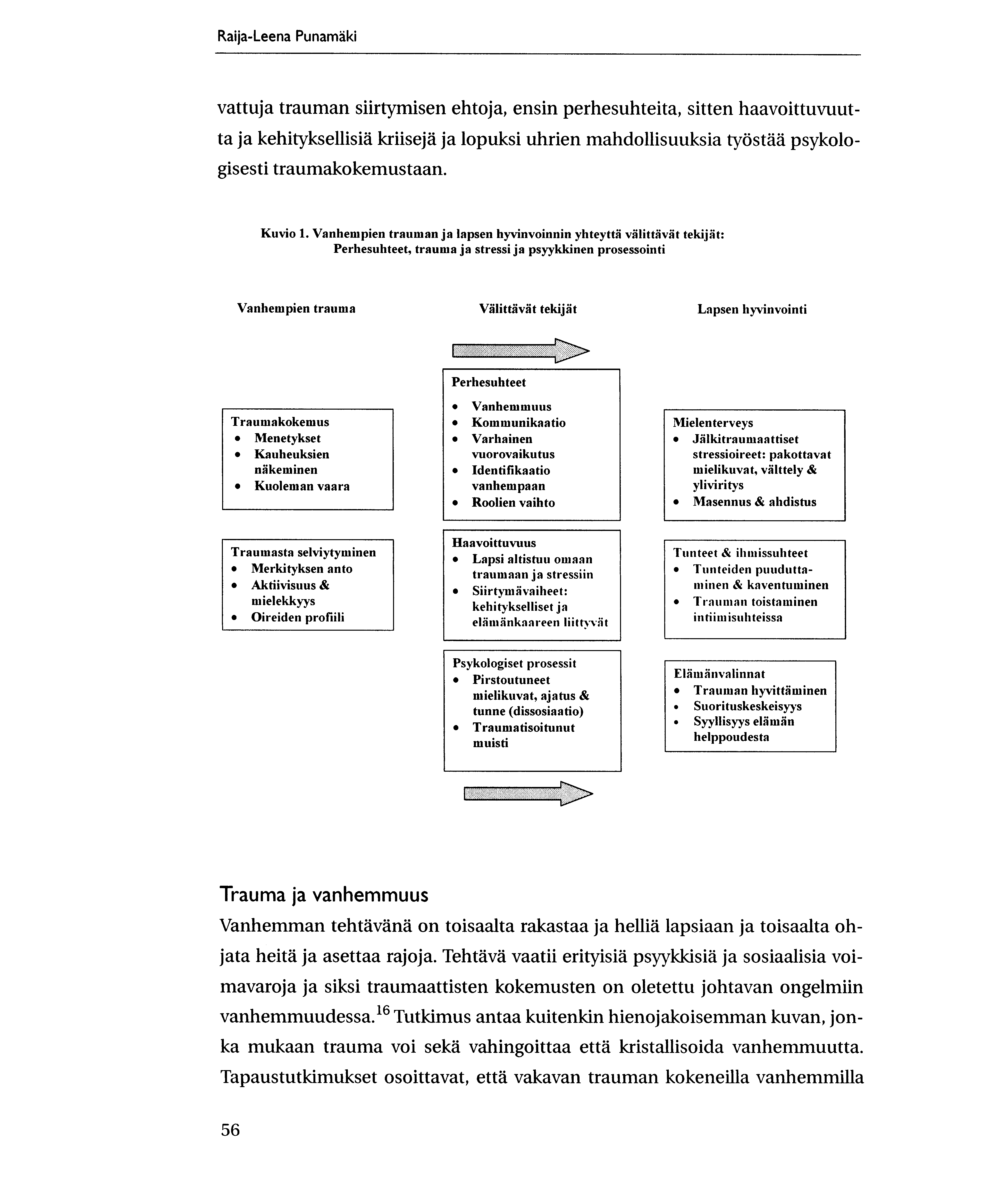 Raija-Leena Punamaki vattuja trauman siirtymisen ehtoja, ensin perhesuhteita, sitten haavoittuvuutta ja kehityksellisia kriiseja ja lopuksi uhrien mandollisuuksia tylistad psykologisesti