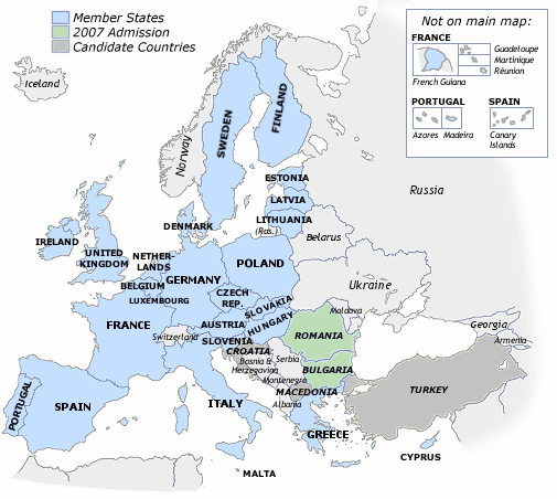 35 Kuva 3.1 Euroopan Unionin jäsenvaltiot 94 Määritelmä EU:n turvallisuusympäristön maantiteteellisestä koosta on vaihdellut viime vuosien aikana. Kuvassa 3.