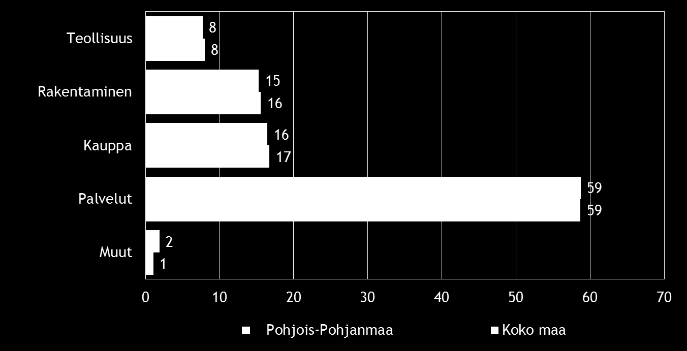 Koko maassa palvelualan yrityksiä oli noin 59 %, kaupan 17 %, rakentamisen 16 % ja teollisuudenalan yrityksiä 8 %.