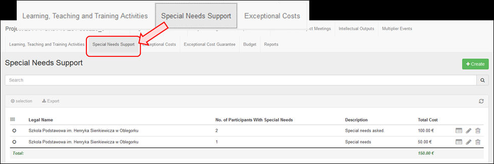 Special need support 1/2 Jos hankkeessa on erityistukikategoriaan