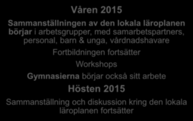 LP2016-PROCESSEN - OPS2016-PROSESSI Våren 2015 Sammanställningen av den lokala läroplanen börjar i arbetsgrupper, med samarbetspartners, personal, barn & unga,