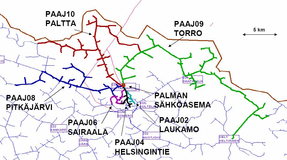 47 4 MAASEUTUVERKKO Työn tarkoituksena on tehdä tasasähköjakelun käyttöpotentiaalin määritys esimerkkiverkoissa. Ensimmäisenä tarkastelukohteena on maaseutuverkko.