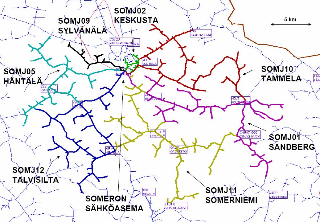 48 Kuva 4.2. Someron sähköaseman lähdöt. Lähtö Keskusta on jätetty tarkasteluissa huomioimatta.