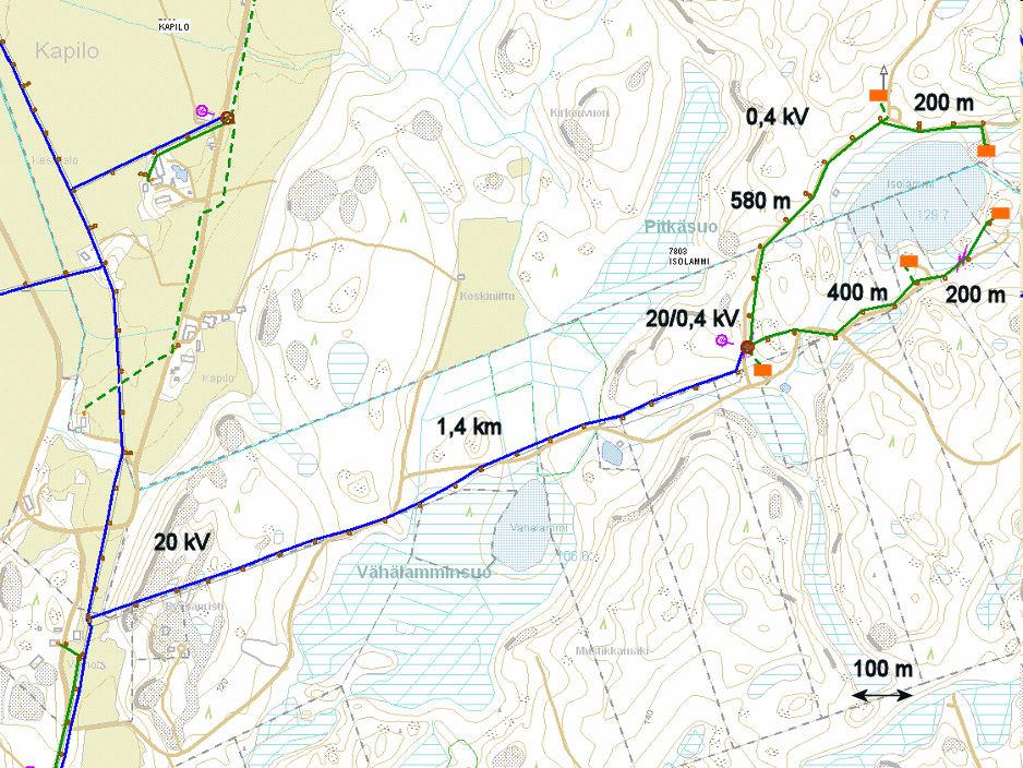 67 Kuva 4.17. Yhden muuntopiirin sisältävä esimerkkijohtohaara., jonka pituus on 1,4 km. Muuntopiirissä on 5 asiakasta (3x25 A).