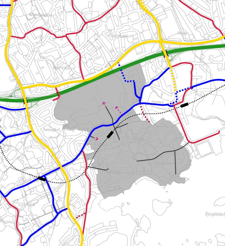LIIKENNEVERKKO Osayleiskaavan katuverkko pohjautuu pääosin nykyiseen verkkoon: Kaitaantietä kehitetään ja se toimii kaava-alueen ulkopuolella pääyhteytenä Finnoon ja