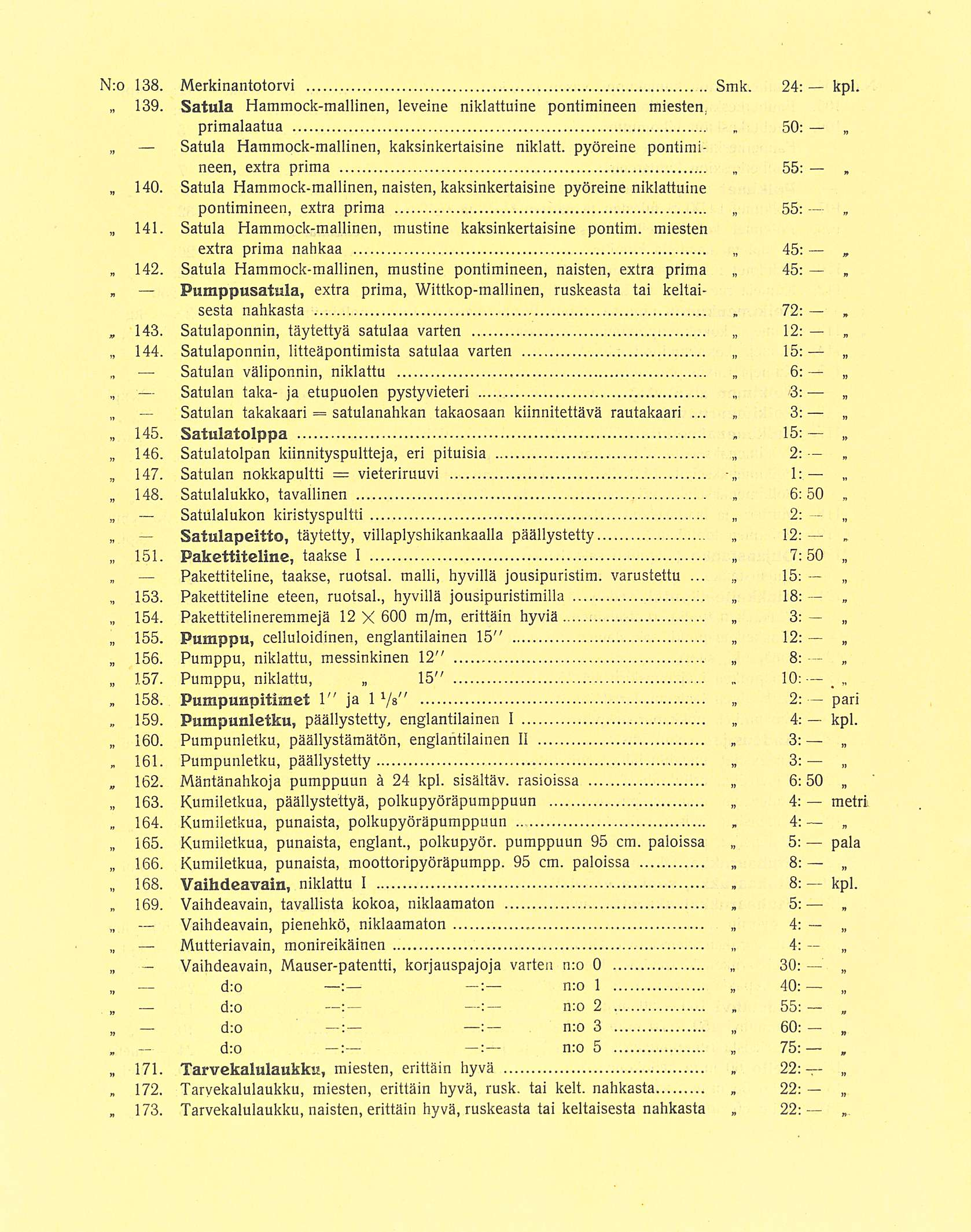 143 159 161 164 169 d:o satulanahkan 50: 55; 72: 15: 6:50 4; 4; 8: 4: 30: 55: 22: 45; 12; N:o 138 Merkinantotorvi Smk 24: kpl 139 Satula Hammockmallinen leveine niklattuine pontimineen miesten