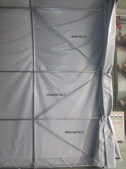 b) Lift one side of the carport steadily and attach the vertical side tubes (1). Attach the connection tubes 9 and 10 to the vertical end tube with 75mm screws and nuts.