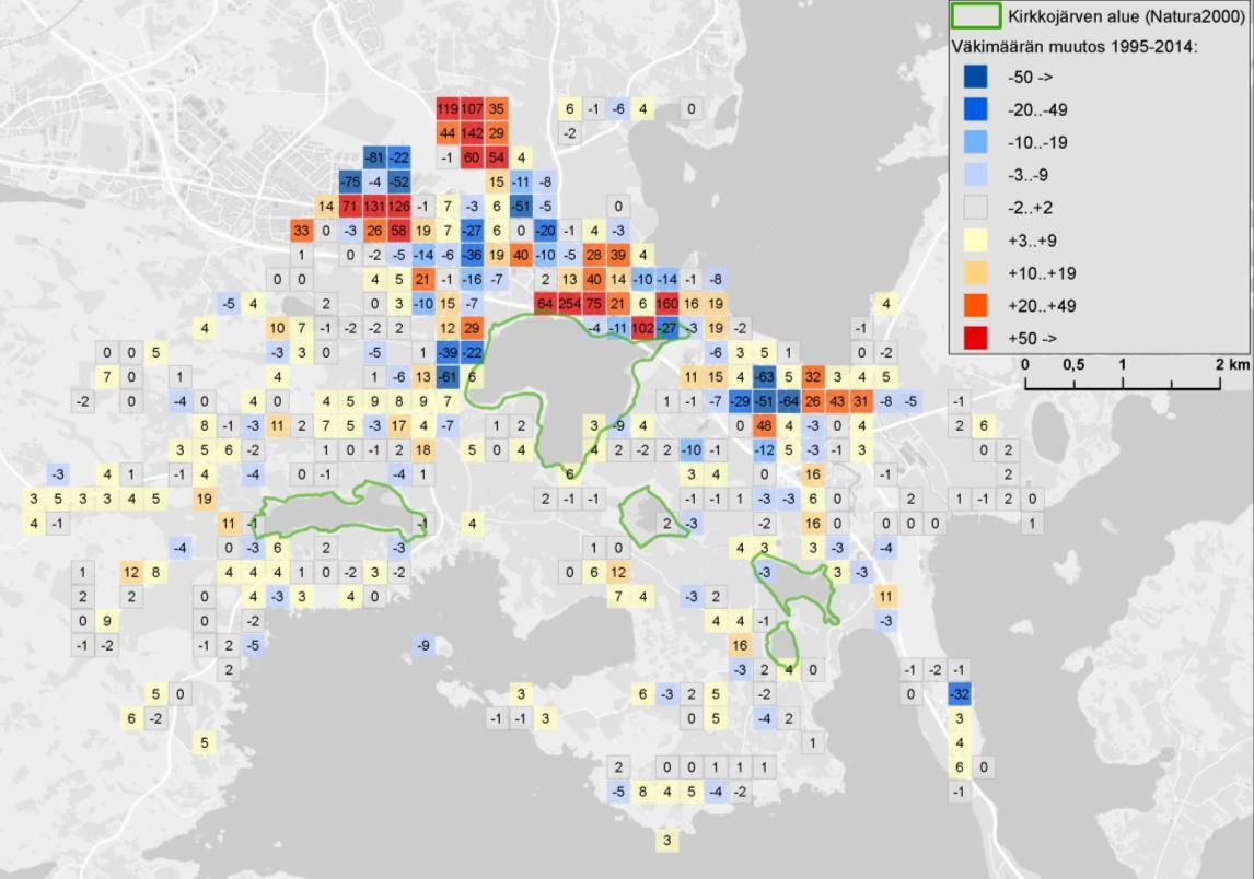 VÄESTÖMÄÄRÄN MUUTOS Suurin väestön lisäys on kohdistunut Kangasalan keskustaan.