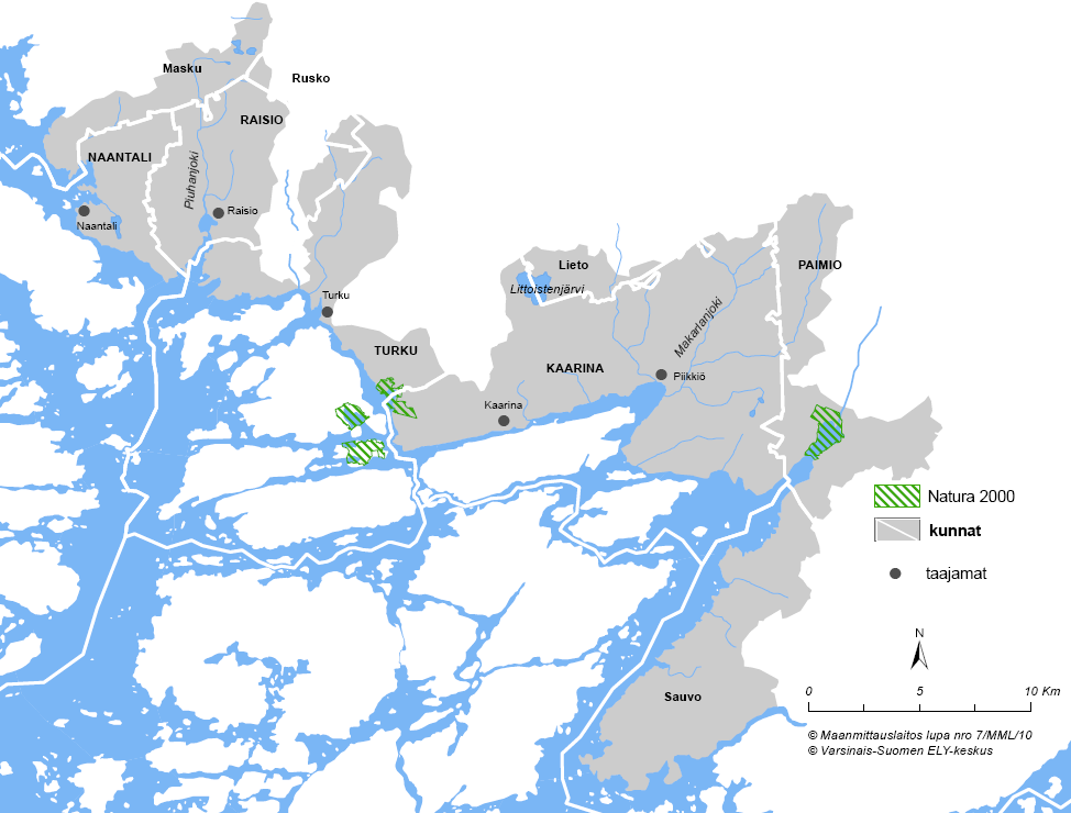 14 Kuva 5. Rannikkoalue, alueen kuntarajat (valkoiset viivat), Natura 2000 -alueet, tärkeimmät taajamat, järvet ja joet.