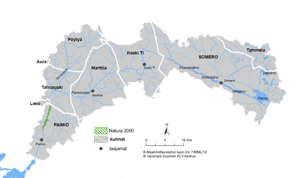6 Kuva 2. Paimionjoen vesistöalue, alueen kuntarajat (valkoiset viivat), tärkeimmät taajamat, järvet ja joet sekä Natura 2000 -alueet. Taulukko 3.