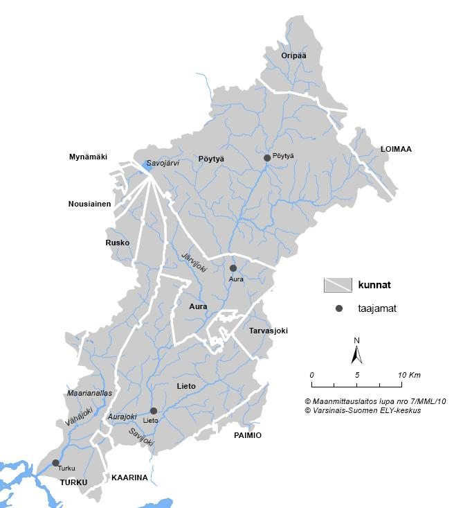 9 Kuva 3. Aurajoen vesistöalue, alueen kuntarajat (valkoiset viivat), tärkeimmät taajamat, järvet ja joet. Taulukko 7. Maankäyttö Aurajoen vesistöalueella (Corine 2000).