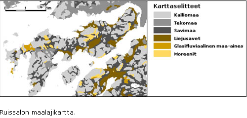 soon. Kivinen moreenimaa peittää erityisesti kalliomäkien kaakkoisrinteitä, koska luoteesta tullut mannerjäätikkö jätti aikanaan kuljettamaansa moreeniainesta kallioiden suojasivuille.