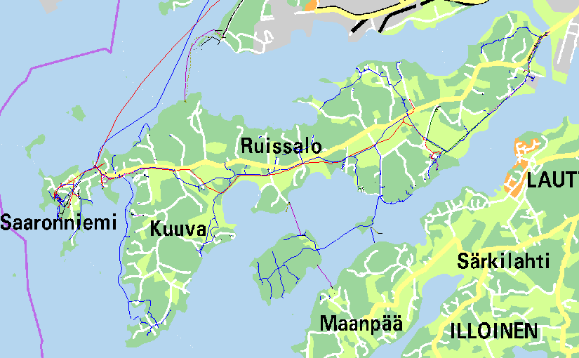 Ruissalossa kulkevat maajohdot. Sininen on vesijohtoverkosto. Punainen on paineviemäriverkosto. Musta ja violetti ovat sähkökaapeleita. 1.5 ASUKKAAT JA MATKAILIJAT Ruissalossa vakinaisesti asuvat ( v.