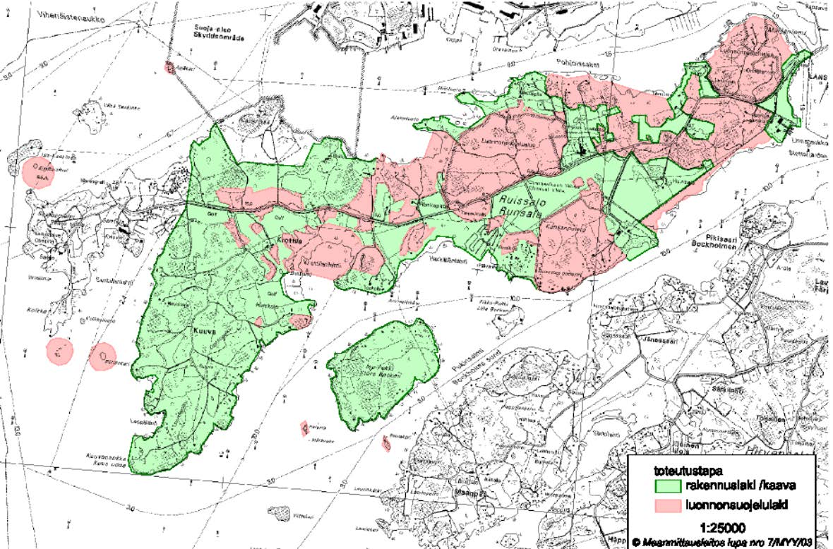 Kartassa esitetään Ruissalon jakautuminen Natura-alueisiin. Natura-alueen toteutustapaan perustuen.