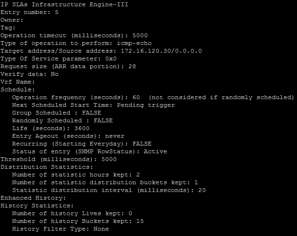 57 Kuva 46. Snmpset-komento sekä haluttujen parametrien määritykset. Kuva 47. Show ip sla configuration 5 -komennon näyttämät tiedot lisätystä operaatiosta. 6.1.