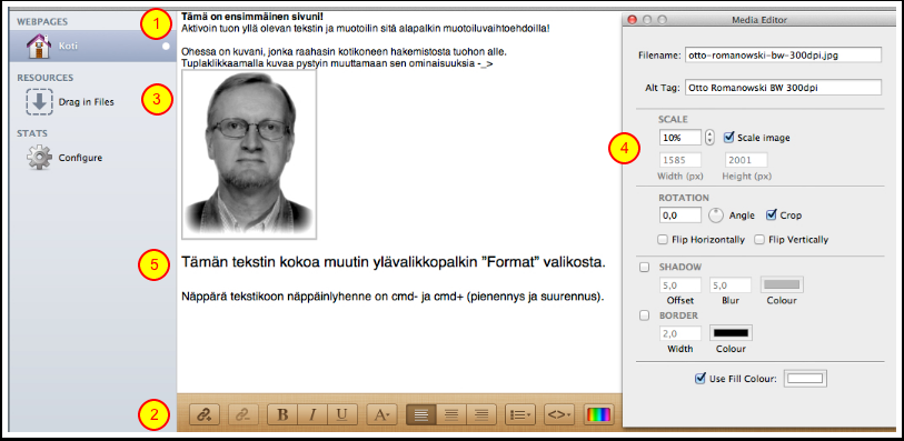 Materiaalin syöttöä Kirjoittele jotain sivulle. Esimerkiksi: 1. Kirjoitin tekstiä nuo kaksi riviä. Sitten aktivoin ensimmäisen rivin ja valitsin 2. Alapalkista tekstimuotoiluja 3.