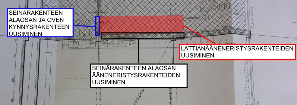 Tutkimusraportti 20 (20) 3) musiikkiluokan 217 lattian ja seinän ääneneristysrakenteiden uusiminen kuvassa 18 esitetyssä laajuudessa - purkutöiden yhteydessä purettujen alueiden rakenteiden kunto