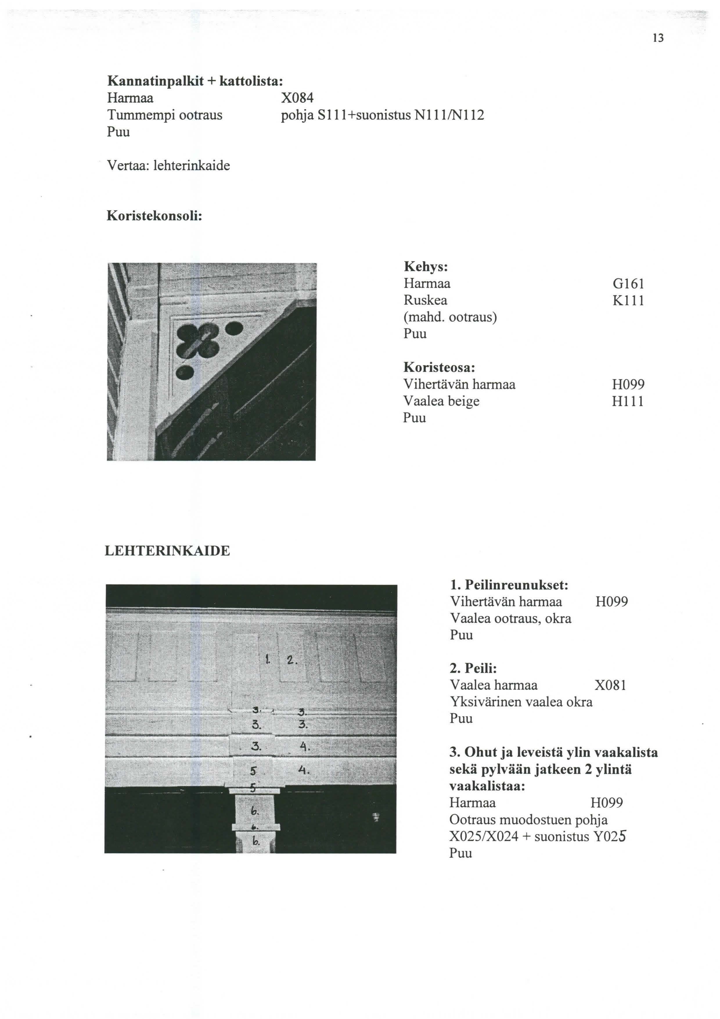 13 Kannatinpalkit + kattolista: X084 Tummempi ootraus pohja Slll +suonistus Nlll/N112 Vertaa: lehterinkaide Koristekonsoli: Kehys: Ruskea (mahd.