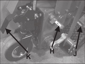 Operator Presence Control (C) With master clutch control engaged, engine will stop if operator presence lever is not depressed. Blade depth control lever (D) Raises or lowers cutting blade.