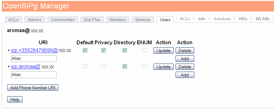 51 SIP-proxyyn päästään Internet-selaimen kautta ja se sisältää määritellyt käyttäjät, niihin liitetyt numerot sekä muita määrittelyjä.