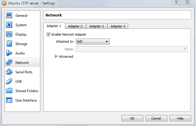 18(43) Tehdään verkkoasetukset serveriin. Valitaan network ja adapter 1. Valitaan enable network adapter. Valitaan Attached to NAT. (Kuva 9). Näin on määritelty ensimmäinen verkkokortti serveriin.