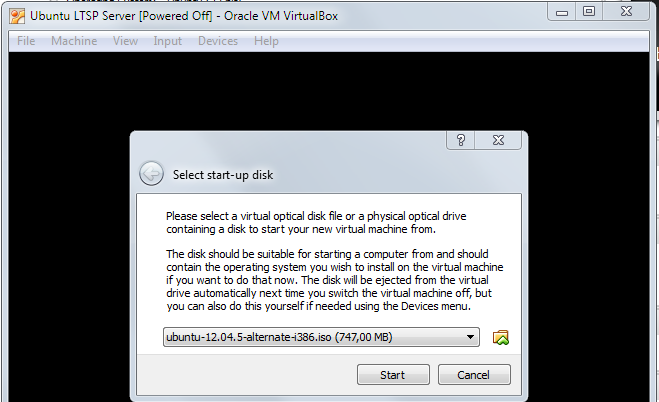 Virtual boxissa käynnistetään virtuaalikone Ubuntu LTSP server. Valitaan yläpalkista Devices ja sieltä optical drives.