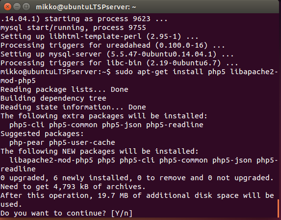 37(43) Kuva 35. PHP:n asennus Käynnistetään apache sudo /etc/init.d/apache2 restart käskyllä.