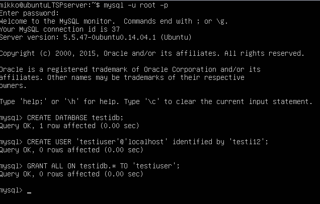 39(43) 4.6 MySQL -kannan luonti Luodaan serverille MySQL -tietokanta ja siihen esimerkkitaulu. Kirjoitetaan komentoriville mysql -u root -p ja annetaan salasana.