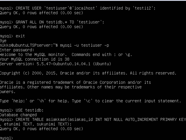 40(43) Kuva 39. Taulun asiakkaat luonti. Lisätään tauluun sisältöä INSERT INTO käskyllä: INSERT INTO testidb.