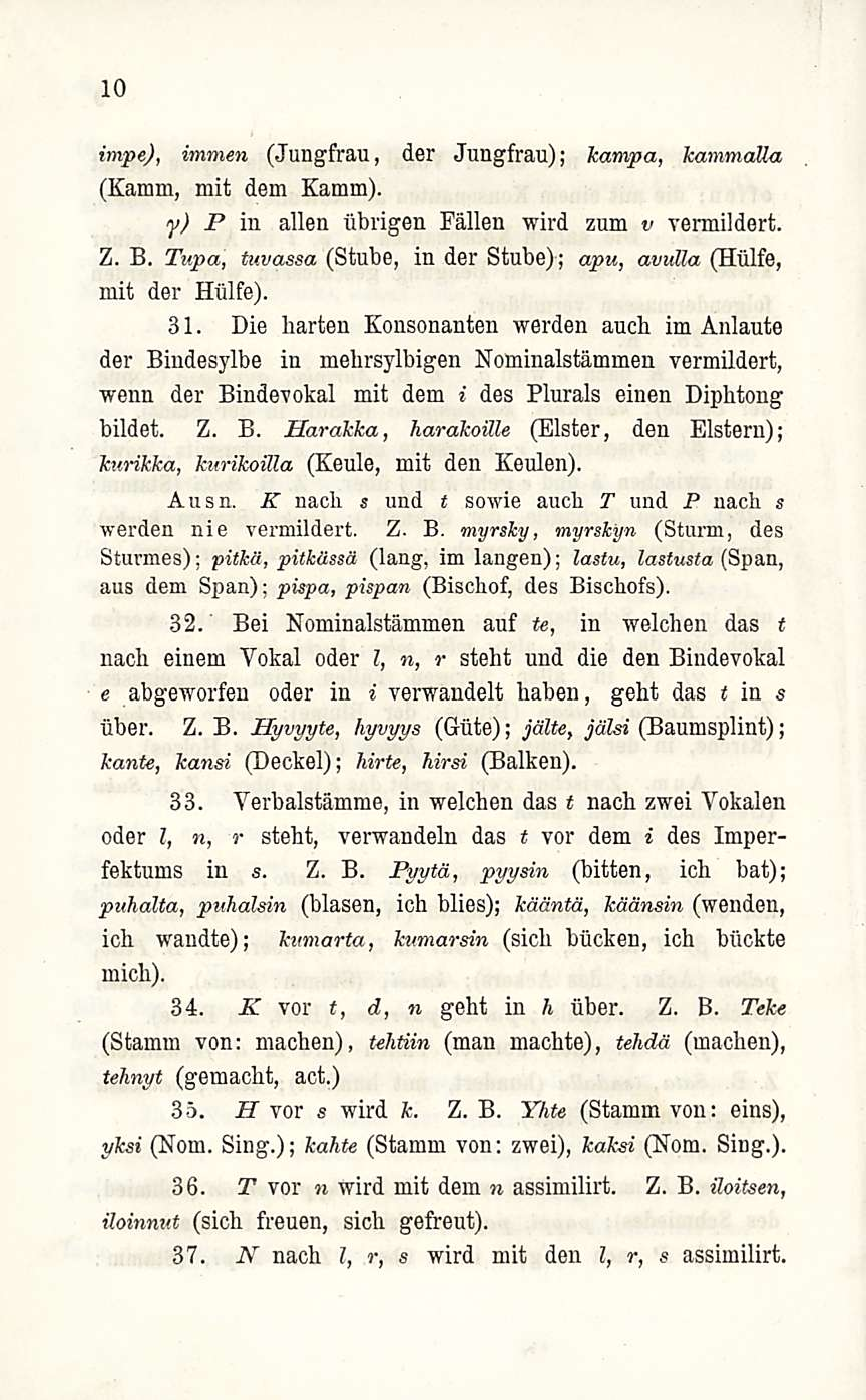 10 impe), immen (Jungfrau, der Jungfrau); kampa, kammalla (Kamm, mit dem Kamm). y) P in alien iibrigen Fällen wird zum v vermildert. Z. B.