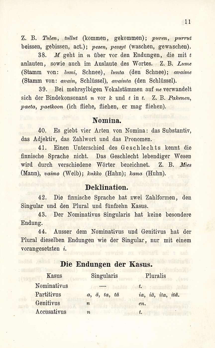 11 Z. B. Tulen, tullut (kommen, gekommen); puren, purrut beissen, gebissen, act.); pesen, pessyt (waschen, gewaschen). 38.