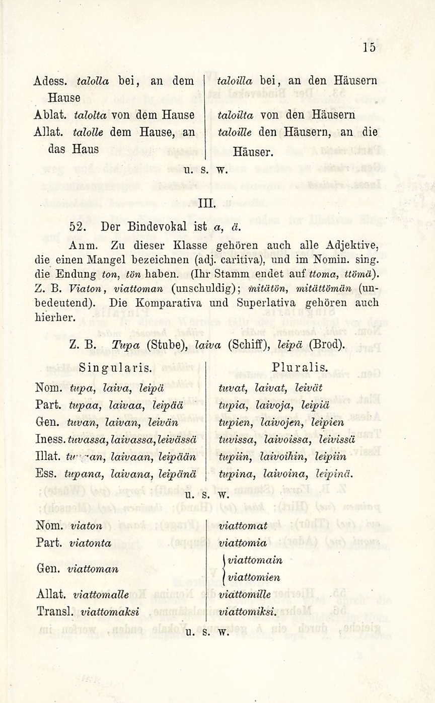 Adess. talolla bei, an dem taloilla bei, an den Häusern Hause Ablat. talolta von dem Hause taloilta von den Häusern Ailat, talolle dem Hause, an taloille den Häusern, an die das Haus Häuser. u. s, w.