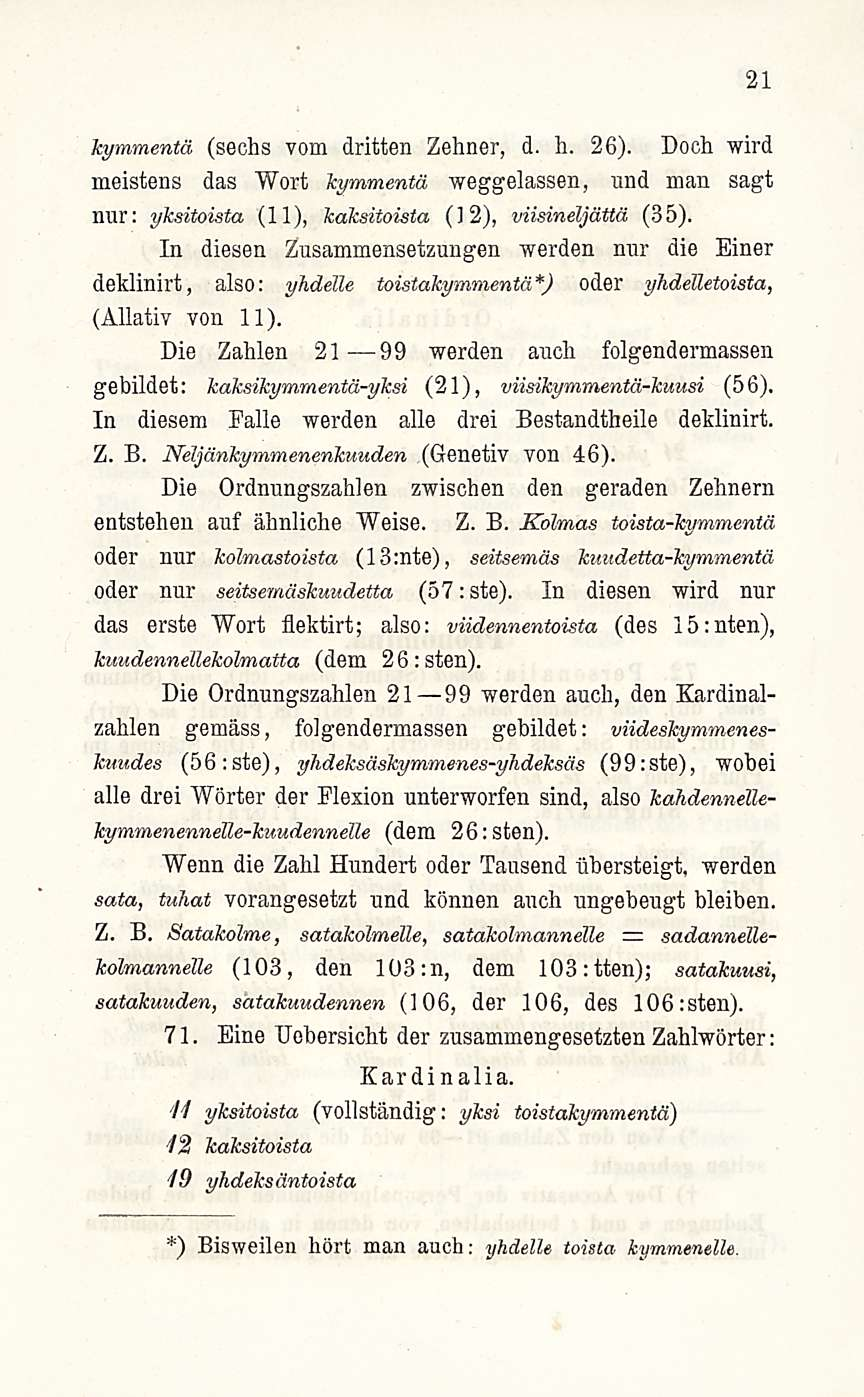 21 kymmentä (sechs vom dritten Zehner, d. h. 26). Doch wird meistens das Wort kymmentä weggelassen, und man sagt nur: yksitoista (11), kaksitoista (12), viisineljättä (35).